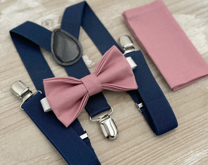 Dusty Rose Bow Tie & Suspenders – All Sizes for Men and Boys, Navy Braces, Pocket Square, Ring Bearer, Groomsman Gift, Boho Barn Wedding