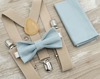 Mist Blue Bow Tie & Champagne Suspenders – Ring Bearer and Groomsman Outfit, Rustic Boho Wedding, Pocket Square, Toddler to Adult Sizes