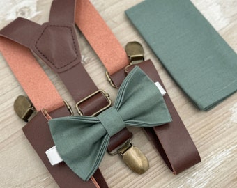 Eucalyptus Bow Tie and Suspenders – All Sizes for Men and Boys, Leather Suspenders, Pocket Square, Ring Bearer Gift, Rustic Wedding