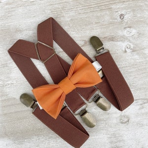 Burnt Orange Bow Tie & Brown X - Back Suspenders Set - Ring Bearer Groomsman Outfit, Rustic Wedding, Pocket Square, All Sizes Baby to Adult