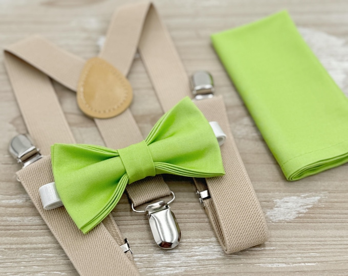 Pear Bow tie & Suspenders | Champagne Tan Braces | Lime Green Bowtie | Pocket Square | Ring Bearer Outfit | Boho Rustic Wedding