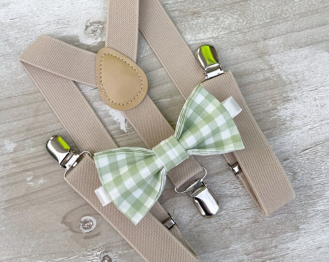 Dusty Sage Plaid Bow Tie & Champagne Tan Suspenders , Men's khaki braces , Boy's Ring Bearer gift , Groomsmen Wedding outfit