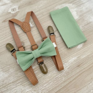 Matcha Bow Tie and Suspenders – Skinny Light Brown Leather Braces, Sage Green Bow, Pocket Square, Ring Bearer Outfit, Rustic Boho Wedding