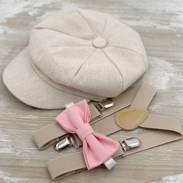 Boy's Flat Tan hat , Applejack Newsboy cap , Ballet Rose Pink Bow Tie & Champagne Suspenders , Wedding Ring bearer outfit , Newborn set