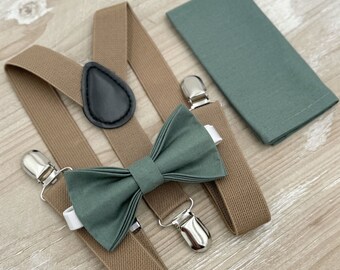 Eucalyptus Bow Tie & Taupe Suspenders Set - Ring Bearer and Groomsman Outfit, Rustic Wedding, Pocket Square, All Sizes Baby to Adult