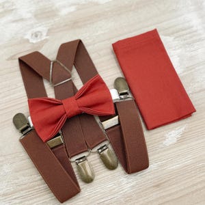 Terracotta Bow tie & Suspenders, Brown X - Back Braces, Cinnamon Bowtie, Pocket Square, Ring Bearer Outfit, Boho Rustic Wedding