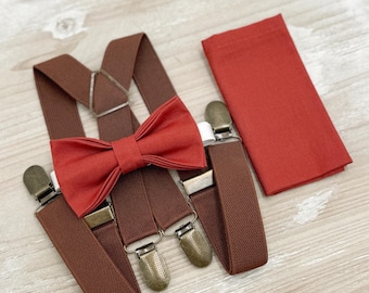 Terracotta Bow tie & Suspenders, Brown X - Back Braces, Cinnamon Bowtie, Pocket Square, Ring Bearer Outfit, Boho Rustic Wedding