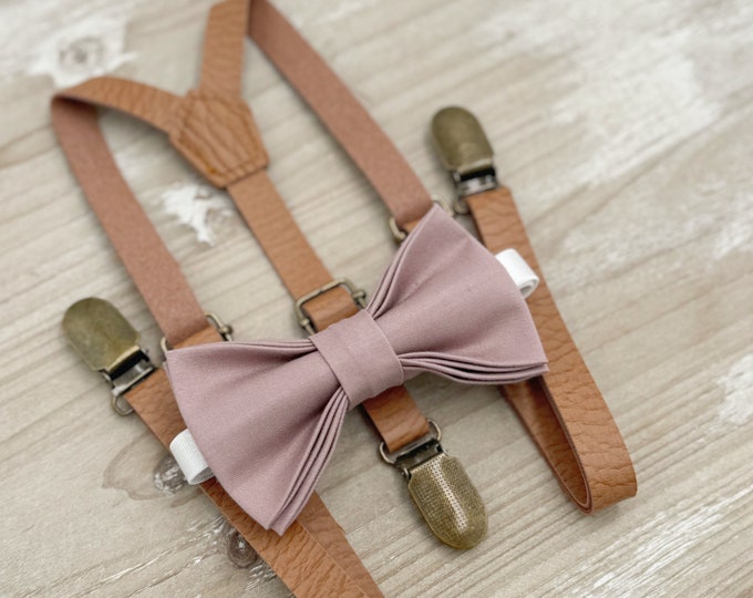Dusty Mauve Bow tie & Suspenders, Skinny Leather Light Brown Braces, Quartz Bowtie, Pocket Square, Ring Bearer Outfit, Rustic Wedding