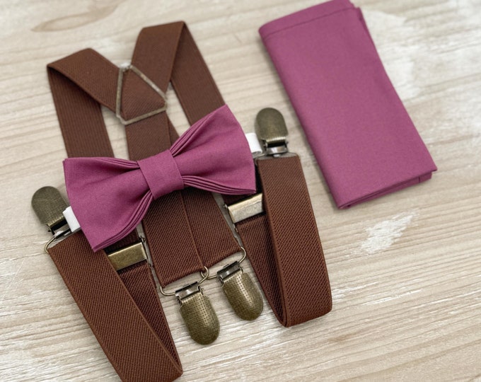 Chianti Bow tie & Suspenders | Brown X - Back Braces | Mulberry Bow | Pocket Square | Ring Bearer Outfit | Boho Rustic Wedding
