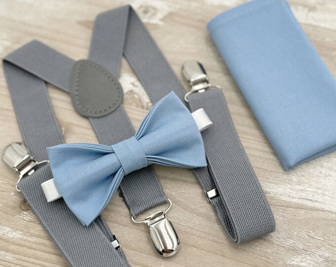 Steel Bow tie & Suspenders | Gray Braces | Pocket Square | Ring Bearer Outfit | Boho Wedding | Rustic Wedding Outfit | Groomsman Gift