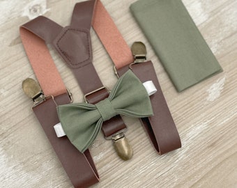 Moss Bow Tie and Suspenders – All Sizes for Men and Boys, Leather Suspenders, Pocket Square, Ring Bearer Outfit, Boho Rustic Wedding