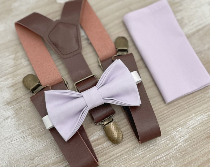 Iris Bow Tie & Leather Suspenders – Ring Bearer and Groomsman Outfit, Rustic Boho Wedding, Pocket Square, Toddler to Adult Sizes