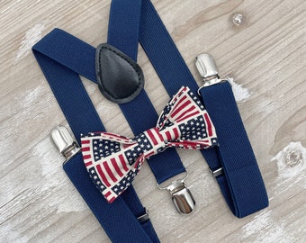 Flag Bow Tie & Navy Suspenders, All Sizes Baby to Adult, 4th July Outfit, Patriotic Wedding, Stars and Stripes Set, Red White Blue Bow tie