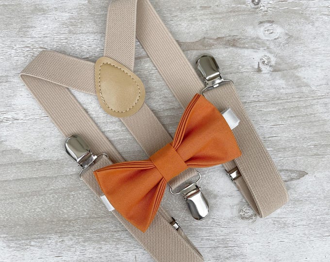 Burnt Orange Bow Tie & Champagne Tan Suspenders , Men's Khaki braces , Boy's Ring Bearer gift , Groomsmen Wedding outfit