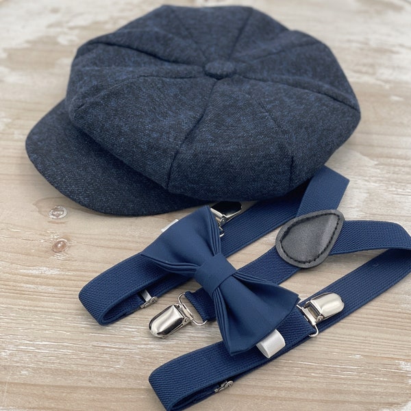 Navy Blue Newsboy cap , Boy's Applejack Flat hat , Navy Bow Tie , Marine Suspenders , Wedding Ring bearer outfit ,Dark Blue Ivy Cap