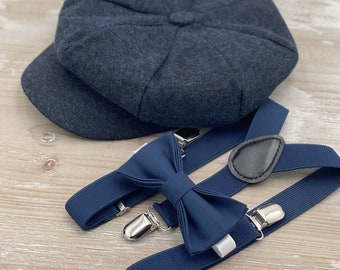 Navy Blue Newsboy cap , Boy&#39;s Applejack Flat hat , Navy Bow Tie , Marine Suspenders , Wedding Ring bearer outfit ,Dark Blue Ivy Cap