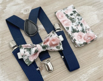 Floral Bow tie & Suspenders, Navy Marine Braces, Dusty Rose Bow Tie, Pocket Square, Ring Bearer Outfit, Boho Wedding, Groomsman Gift