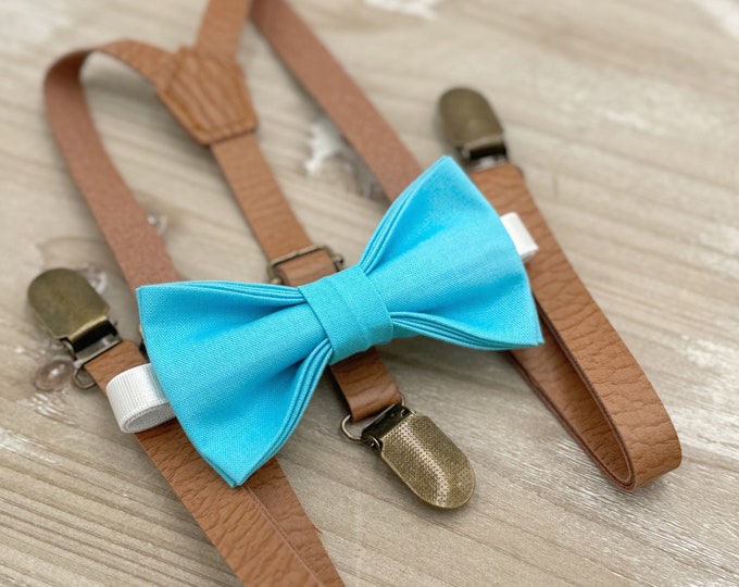 Malibu Blue Bow Tie & Suspenders , Skinny Light brown Leather Suspenders , Men's pocket square , Boy's Ring Bearer gift , Groomsmen outfit