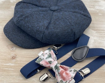 Navy Blue Newsboy cap , Boy's Applejack Flat hat , Dusty Rose Floral Bow Tie , Marine Suspenders , Wedding Ring bearer outfit , Ivy Cap