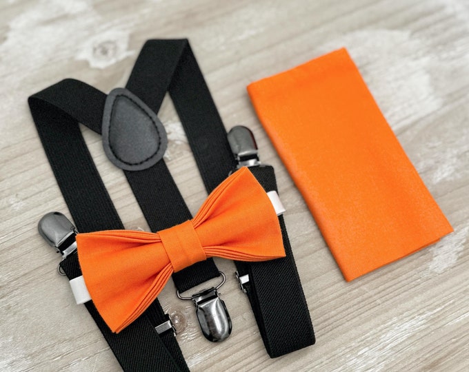 Orange Bow tie & Suspenders | Black Braces | Pocket Square | Groomsman Gift | Ring Bearer Outfit | Boho Rustic Wedding