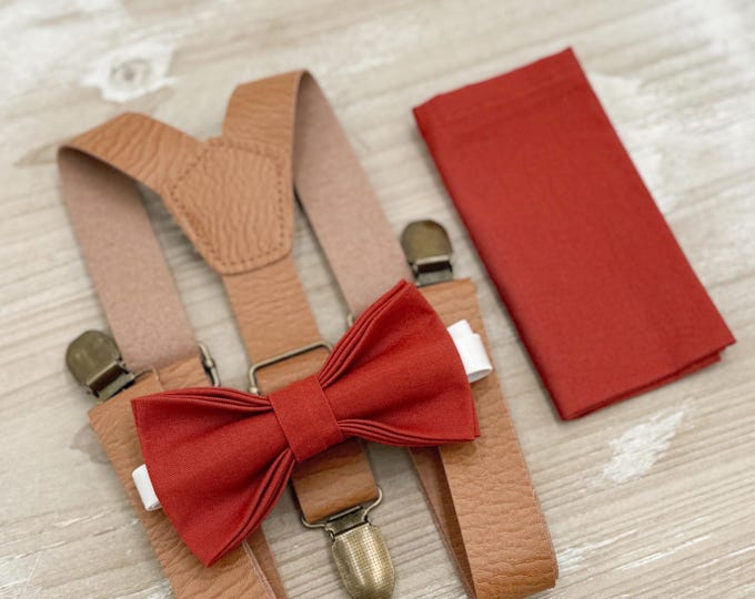 Terracotta Bow tie & Suspenders, Leather Light Brown Braces, Cinnamon Bowtie, Pocket Square, Ring Bearer Outfit, Boho Rustic Wedding