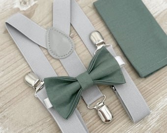 Eucalyptus Bow Tie & Gray Suspenders Set - Ring Bearer and Groomsman Outfit, Rustic Wedding, Pocket Square, All Sizes Baby to Adult