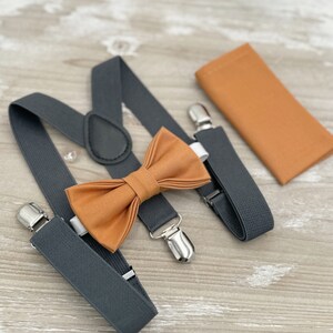 Butterscotch Bow tie & Suspenders | Charcoal Dark Gray Braces | Pocket Square | Ring Bearer Outfit | Boho Wedding | Groomsman Gift