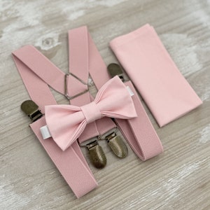 Blush Bow tie & Suspenders, Dusty Pink X - Back Braces, Petal Bow Tie, Blushing Bow, Pocket Square, Ring Bearer Outfit, Boho Wedding