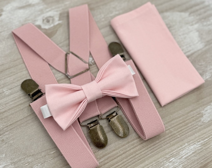 Blush Bow tie & Suspenders, Dusty Pink X - Back Braces, Petal Bow Tie, Blushing Bow, Pocket Square, Ring Bearer Outfit, Boho Wedding