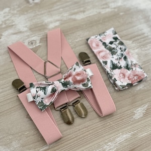 Floral Bow Tie & Dusty Pink Suspenders – All Sizes Baby to Adult, Ring Bearer Outfit, Boho Wedding Set, Groomsman Gift, Pocket Square