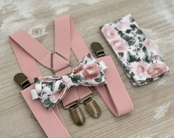 Floral Bow Tie & Dusty Pink Suspenders – All Sizes Baby to Adult, Ring Bearer Outfit, Boho Wedding Set, Groomsman Gift, Pocket Square
