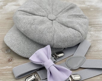 Light Gray Tweed Newsboy cap , Applejack Ivy Flat hat , Iris Purple Bow Tie & Suspenders , Boys Ring bearer outfit , Mens wedding set