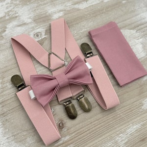 Dusty Rose Bow Tie & Suspenders – All Sizes for Men and Boys, X - Back Dusty Pink Braces, Pocket Square, Ring Bearer, Groomsman Gift