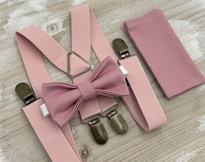 Dusty Rose Bow Tie & Suspenders – All Sizes for Men and Boys, X - Back Dusty Pink Braces, Pocket Square, Ring Bearer, Groomsman Gift