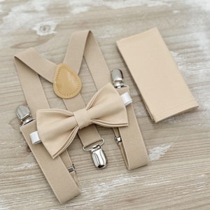 Champagne Bow Tie & Suspenders – All Sizes Baby to Adult, Ring Bearer Outfit, Rustic Boho Wedding, Groomsman Gift, Pocket Square
