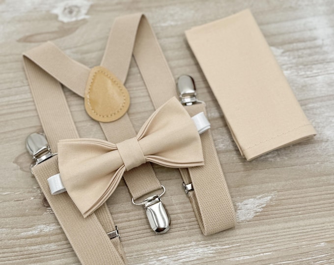Champagne Bow Tie & Suspenders – All Sizes Baby to Adult, Ring Bearer Outfit, Rustic Boho Wedding, Groomsman Gift, Pocket Square