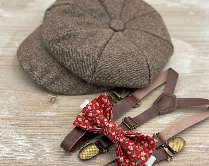 Tweed Newsboy Cap, Skinny Leather Suspenders, Floral Bow Tie, Ring Bearer Outfit, Cake Smash Outfit, Page Boy Cap, Wedding Set