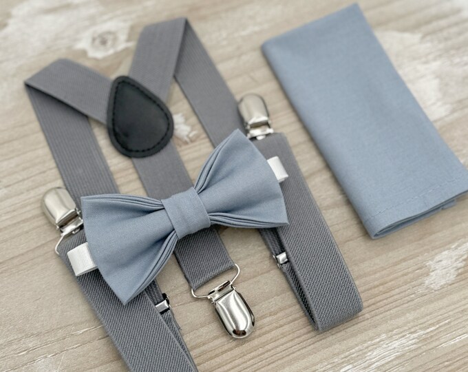 Dusty Blue Bow Tie & Suspenders – All Sizes for Boys and Men, Gray Braces, Pocket Square, Ring Bearer, Boho Rustic Wedding