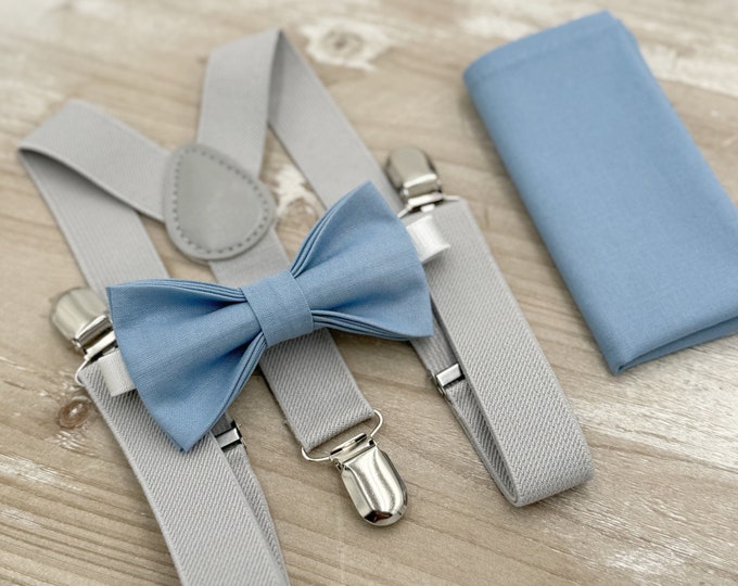 Steel Bow tie & Suspenders | Light Gray Braces | Pocket Square | Ring Bearer Outfit | Boho Wedding | Rustic Wedding Outfit | Groomsman Gift