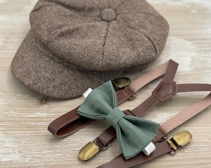 Tweed Newsboy Cap, Skinny Leather Suspenders, Eucalyptus Bow Tie, Ring Bearer Outfit, Cake Smash Outfit, Page Boy Cap, Wedding Set