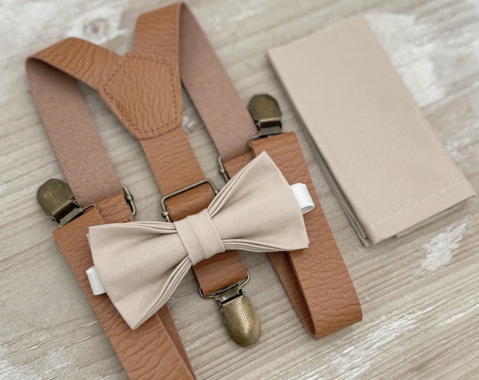 Biscotti Bow Tie & Leather Suspenders – Toddler to Adult Sizes, Ring Bearer Outfit, Groomsman Wedding Set, Rustic Boho Pocket Square
