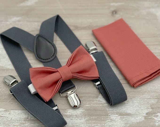 Spice Bow tie & Suspenders | Sedona Bow | Charcoal Dark Gray Braces | Pocket Square | Ring Bearer Outfit | Boho Wedding | Groomsman Gift