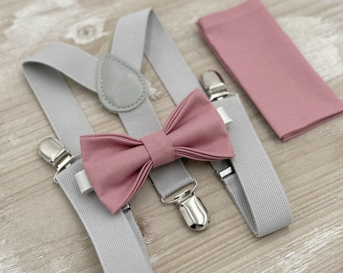 Dusty Rose Bow Tie & Suspenders – All Sizes for Men and Boys, Light Gray Braces, Pocket Square, Ring Bearer, Groomsman Gift, Barn Wedding