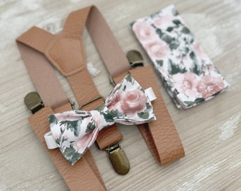 Floral Bow Tie & Leather Suspenders Set - Ring Bearer and Groomsman Outfit, Rustic Wedding, Pocket Square, All Sizes Baby to Adult