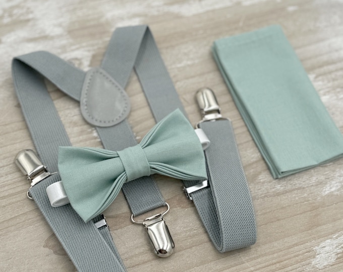 Dusty Sage Bow Tie & Dusty Gray Suspenders – Ring Bearer Outfit, All Sizes Baby to Adult, Groomsman Gift, Pocket Square, Boho Wedding Set