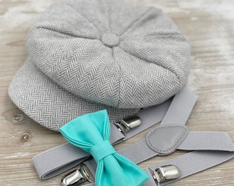 Light Gray Tweed Newsboy cap , Applejack Ivy Flat hat , Spa Blue Bow Tie & Suspenders , Boys Ring bearer outfit , Mens wedding set