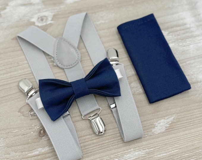 Navy Blue Bow Tie & Light Gray Suspenders – Ring Bearer and Groomsman Outfit, Rustic Boho Wedding, Pocket Square, Toddler to Adult Sizes