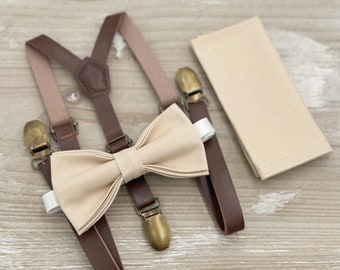 Champagne Bow Tie & Skinny Leather Suspenders Set - Ring Bearer and Groomsman Outfit, Rustic Wedding, Pocket Square, All Sizes Baby to Adult