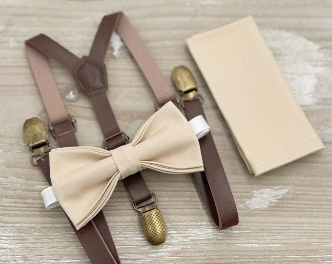 Champagne Tan Bow tie & Suspenders, Skinny Vegan Leather Braces, Pocket Square, Ring Bearer Outfit, Boho Rustic Wedding