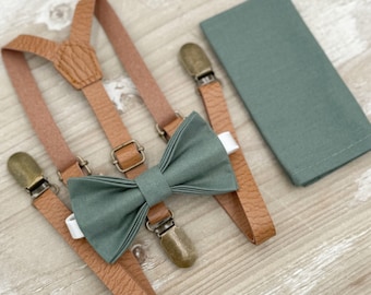 Eucalyptus Bow Tie and Suspenders – All Sizes for Men and Boys, Skinny Leather Suspenders, Pocket Square, Ring Bearer Gift, Rustic Wedding